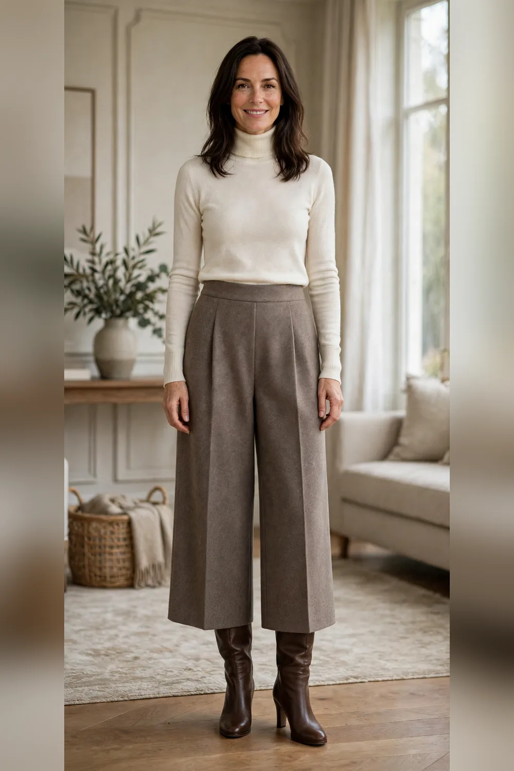 Woman in her 40s wearing wool culottes with a turtleneck and knee boots