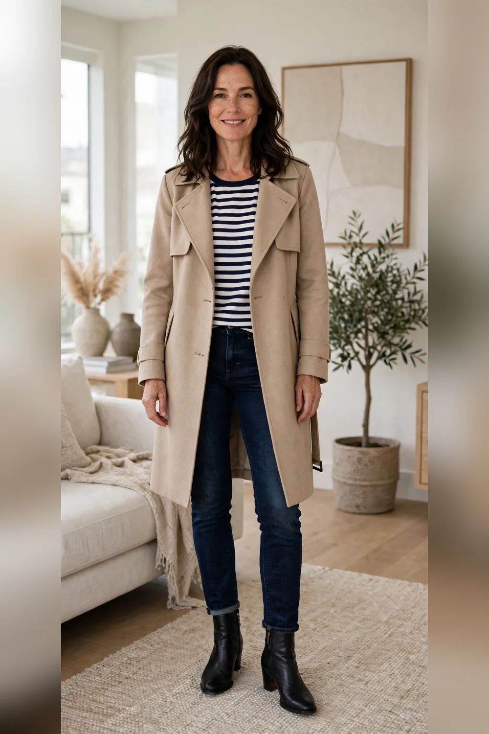 Woman in her 40s wearing a wool trench coat over a striped Breton knit