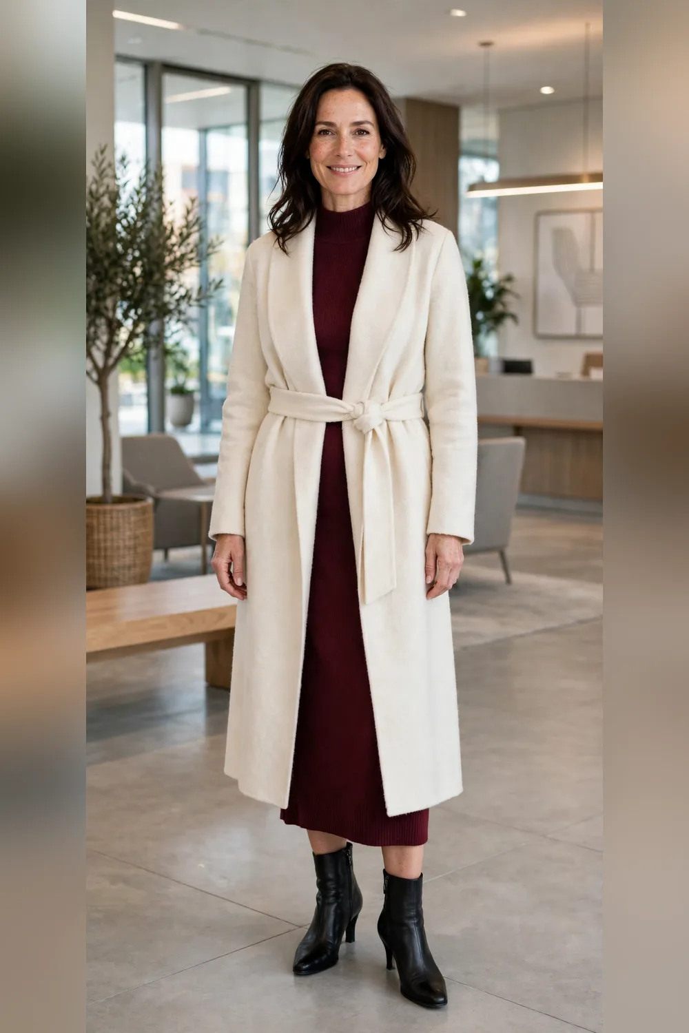 Wool wrap coat with knit dress and boots work outfit